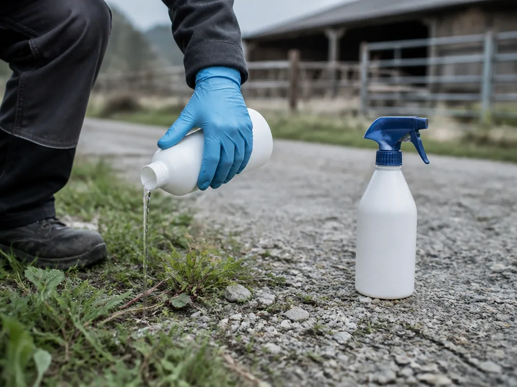 Photorealistic editorial photograph: a gloved hand pouring a small amount of AdBlue liquid onto weeds beside a gravel pa