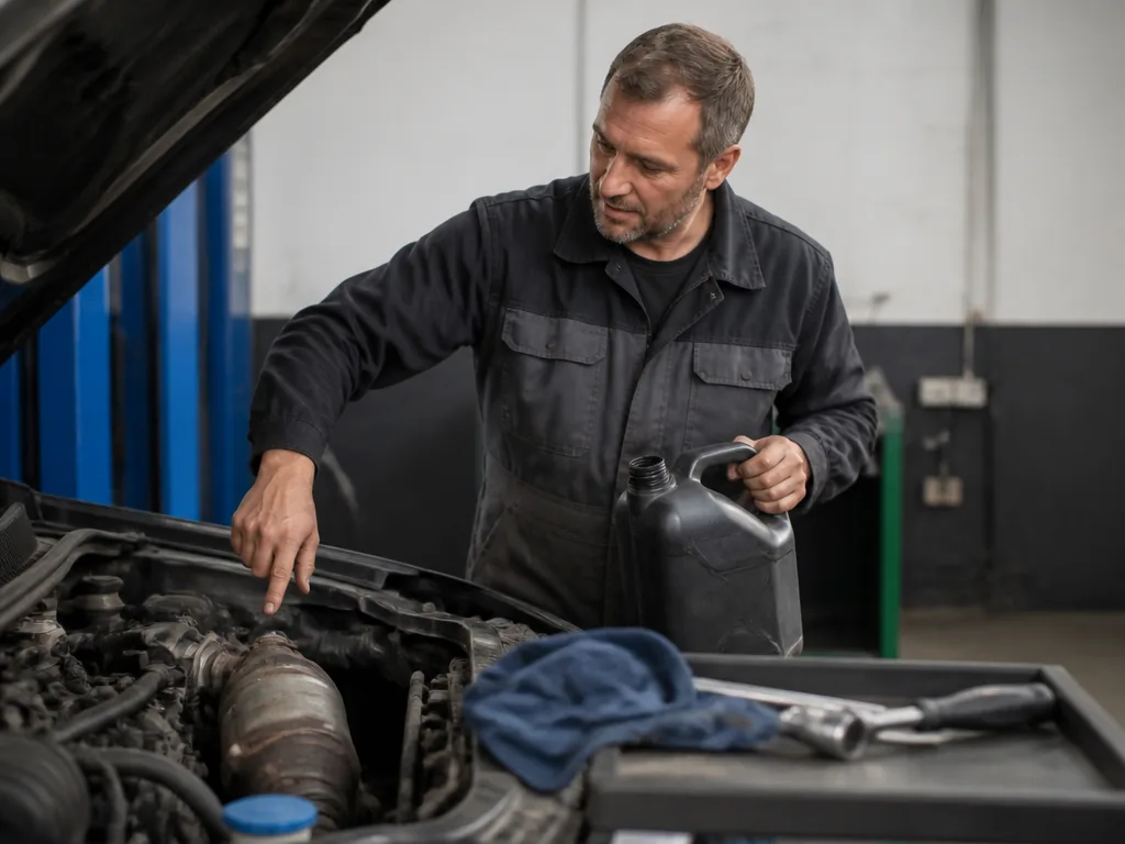 Photorealistic editorial photograph: a mechanic in a workshop holding an open jerrycan beside an engine bay, his other h