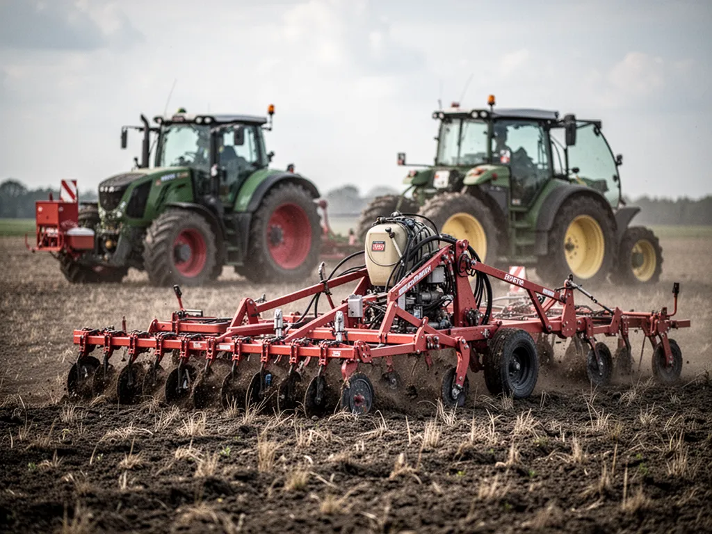 Matériel agricole en plein champ avec un tracteur au travail