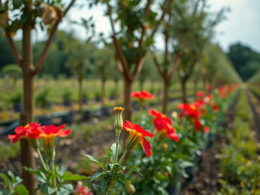 Alignement d'arbres à fleurs rouges en bordure d'un champ agricole
