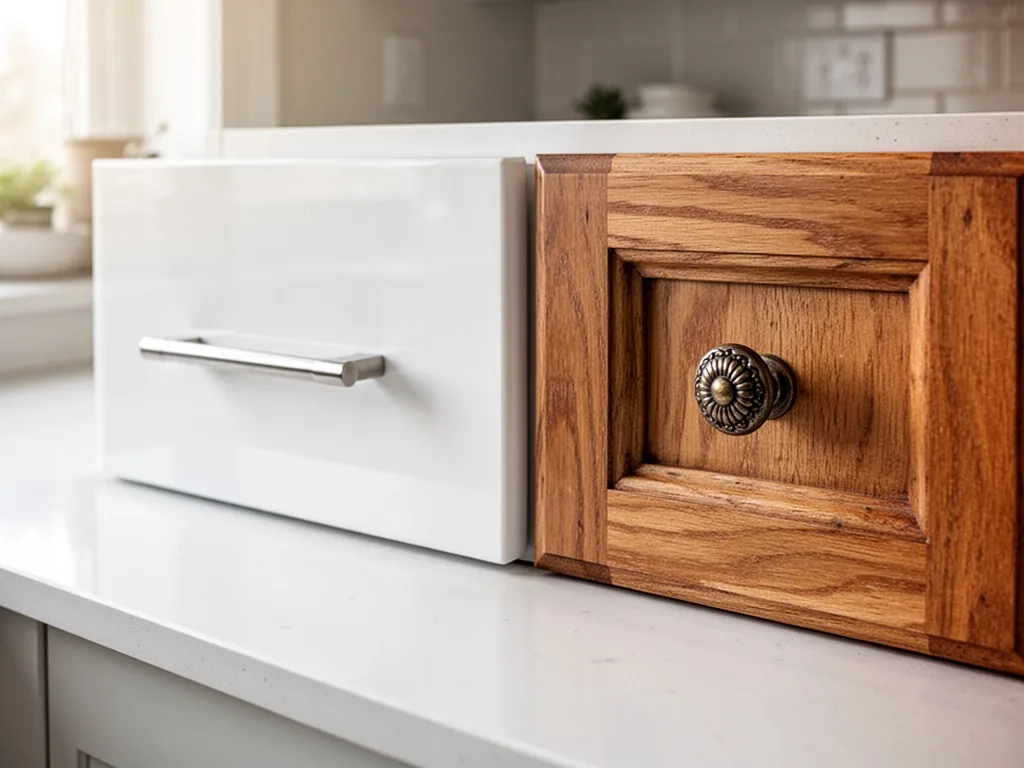 Two kitchen cabinet fronts side by side: one modern glossy white with sleek metal handle, another traditional wood with