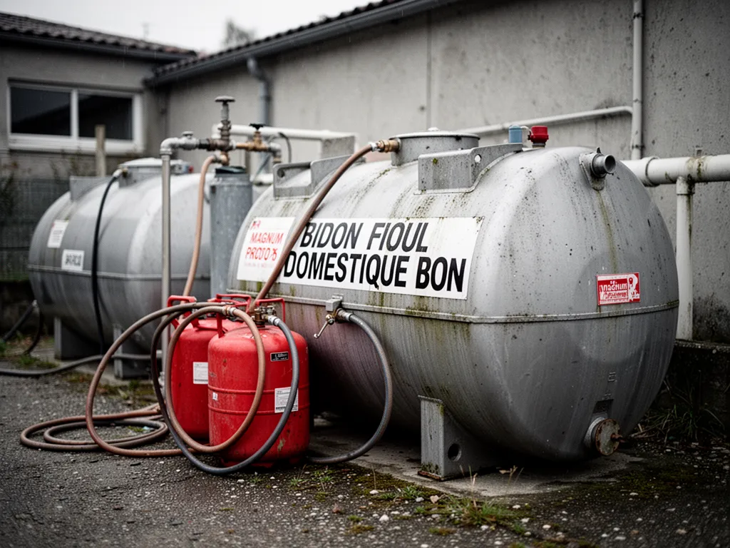 Bidon de fioul domestique posé près d’une chaudière et d’une cuve de stockage