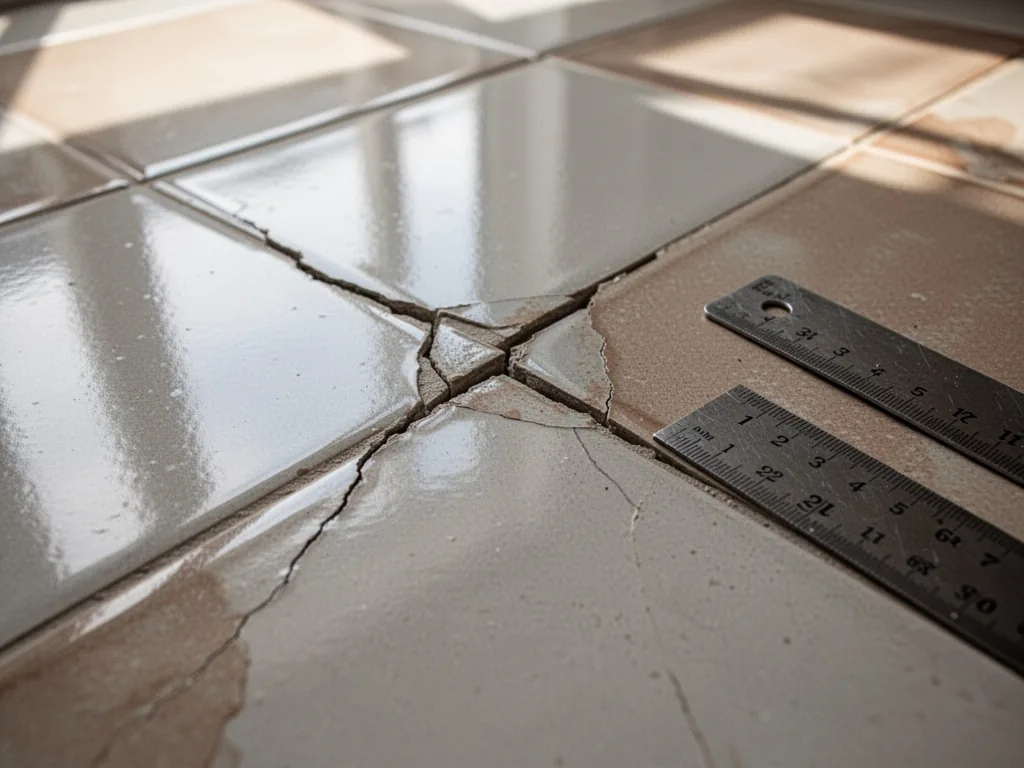 A cracked ceramic floor tile with a thin jagged line splitting across its glossy surface, a metal ruler placed beside it