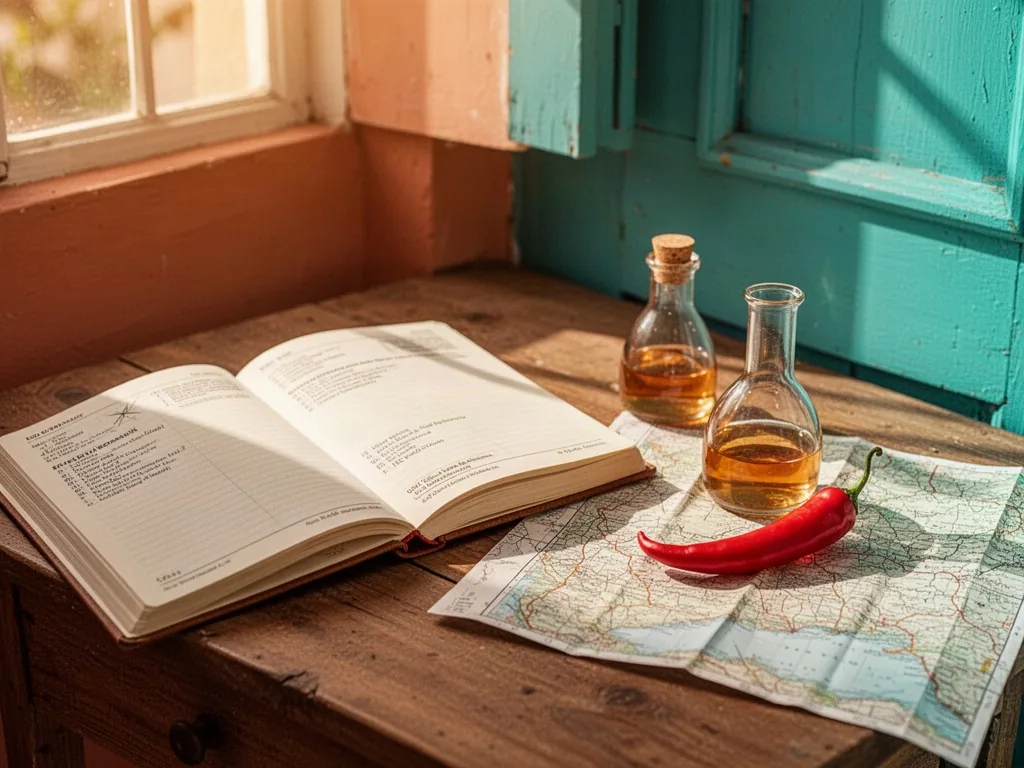 An open travel journal on a wooden desk beside a small glass flask filled with amber liquid, a red chili pepper resting 