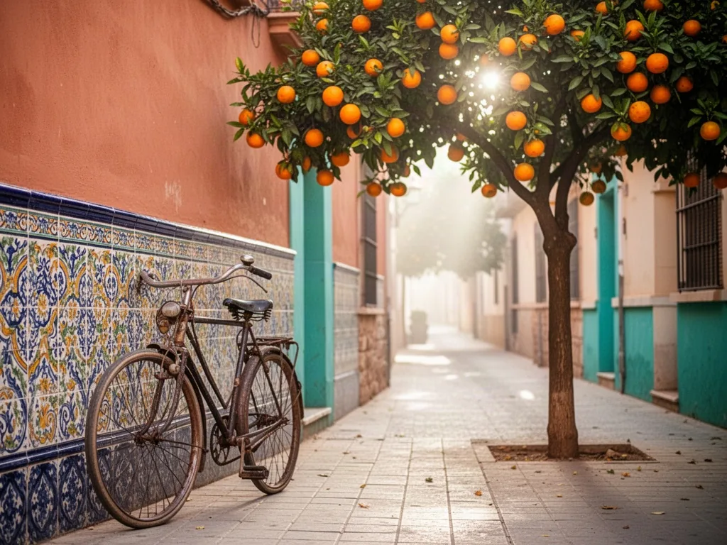 A vintage bicycle leaning against a colorful tiled wall in Valencia, an orange tree in the foreground, a narrow street l
