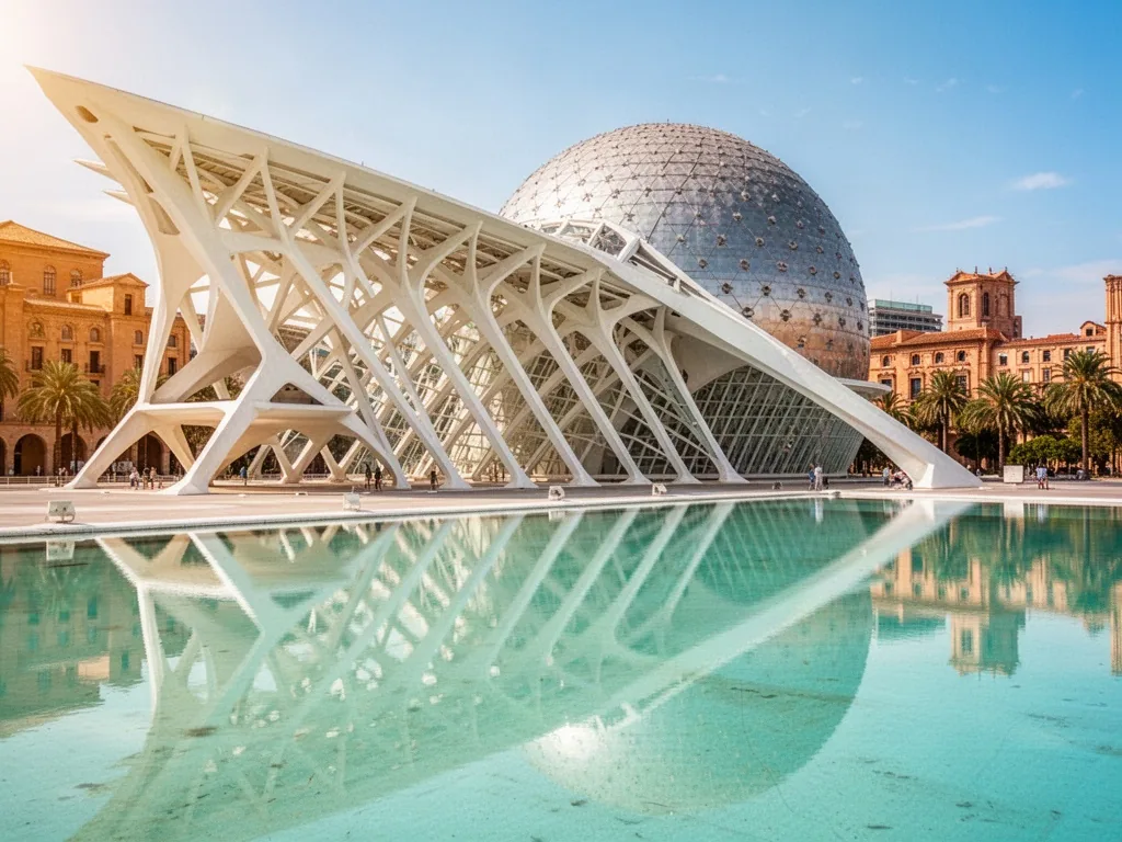 The white skeletal roof of the City of Arts and Sciences mirrored in a turquoise reflecting pool, a spherical planetariu