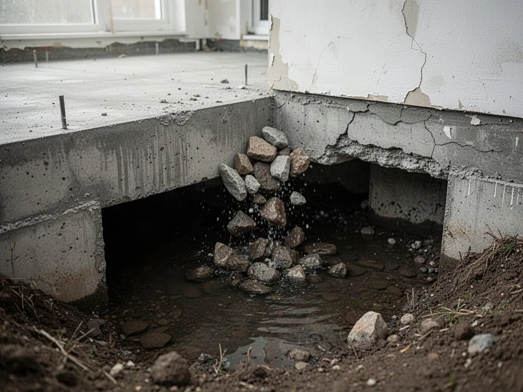 A concrete house foundation slab with a dark wet hollow beneath it, small stones collapsing into pooled water, cracked p