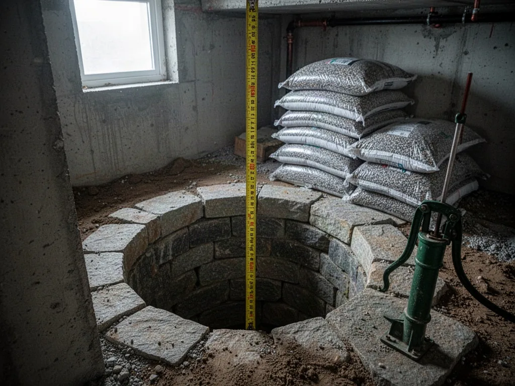 A stone well opening in a basement, a yellow measuring tape hanging into it, stacked gravel bags and a hand pump nearby,