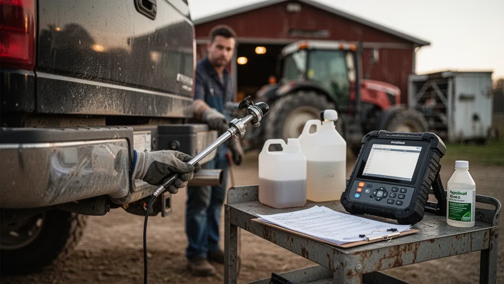 Technicien vérifiant un utilitaire sur fosse, documents et équipement de diagnostic visibles
