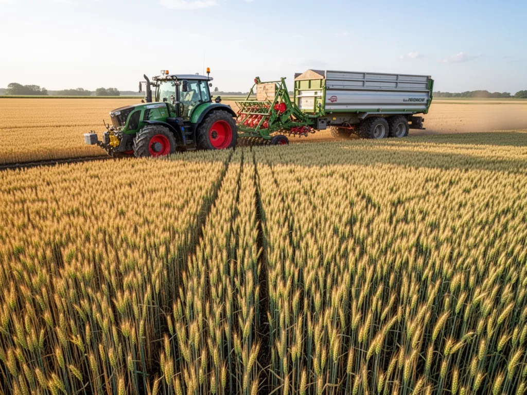 Champ de céréales au démarrage de la montaison, avec tracteur et remorque