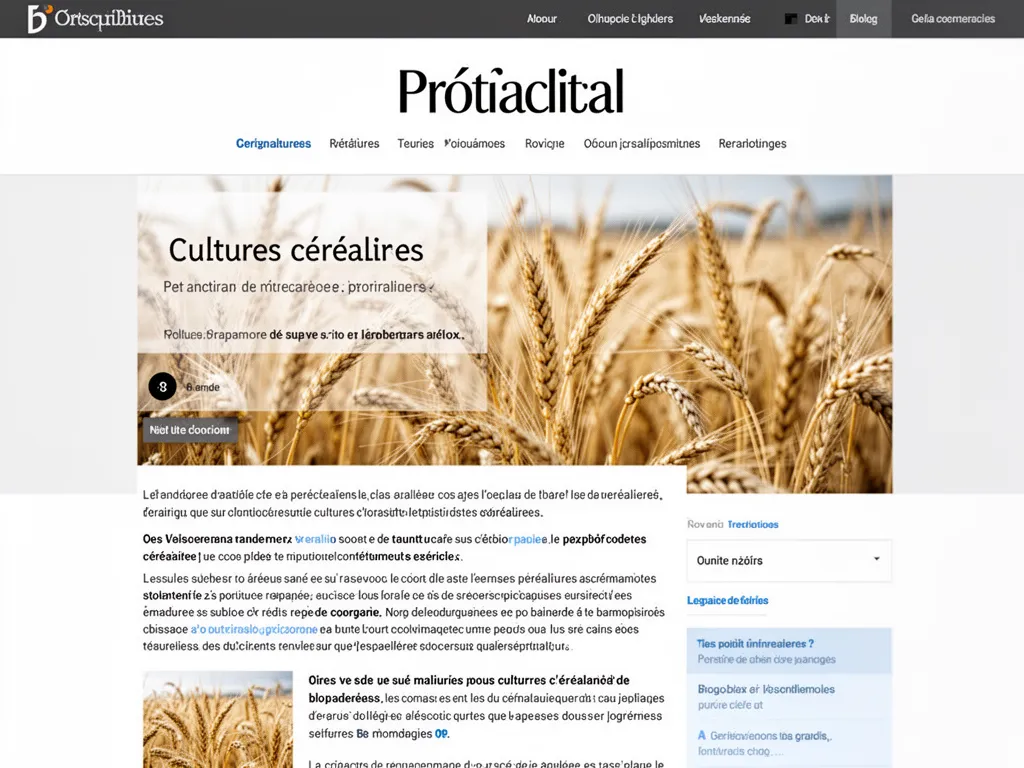 Parcelle de céréales avec épis mûrs, tracteur au loin et bandes de cultures alternées dans une exploitation agricole