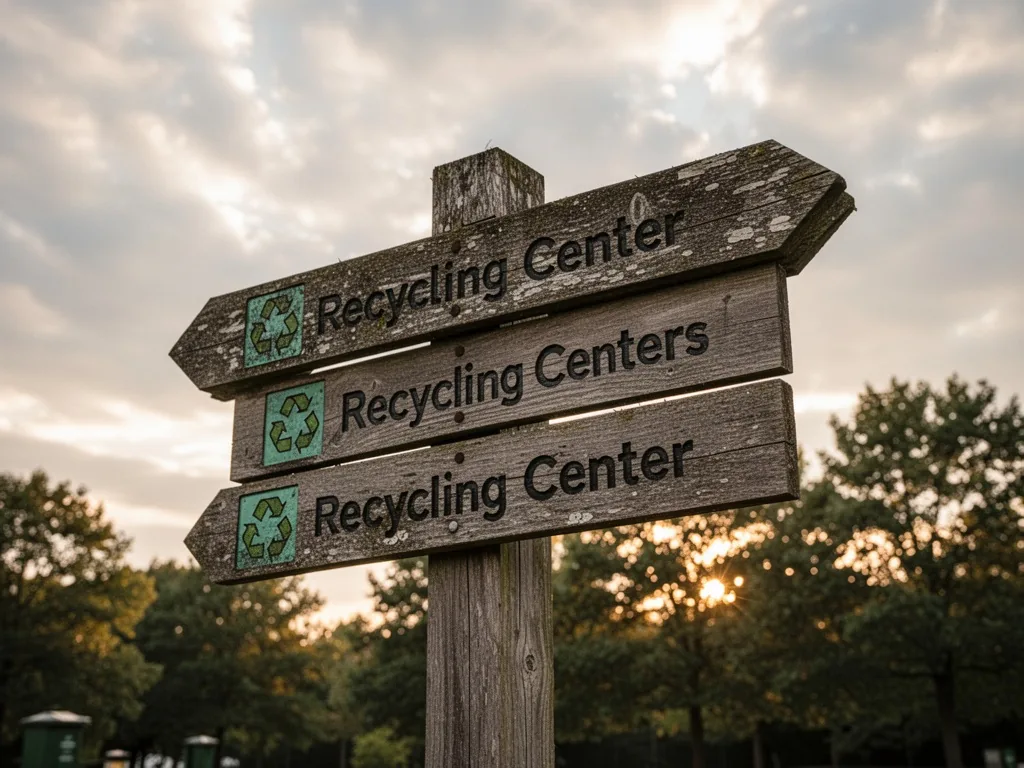 A weathered wooden signpost with arrows pointing to nearby recycling centers, set against a cloudy sky, afternoon light 
