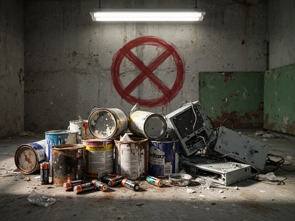 A pile of hazardous items: old paint cans, batteries, broken electronics on concrete floor, a red crossed-out symbol on 