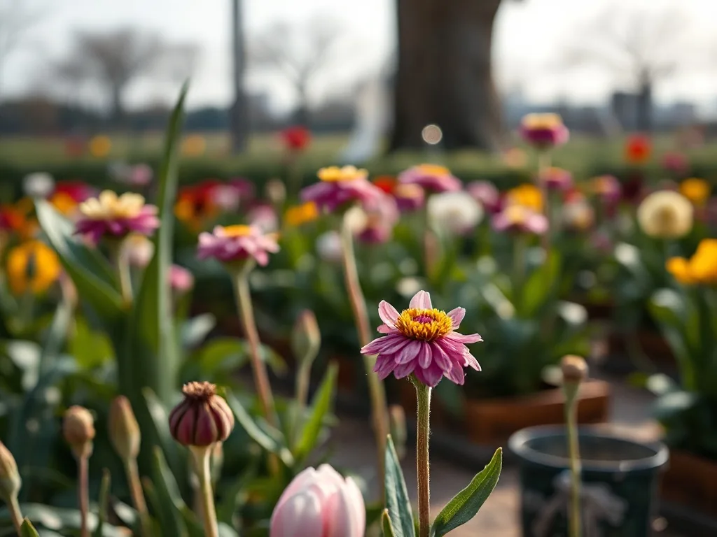 Massif de narcisses jaunes en fleur au printemps avec nénuphars en arrière-plan dans un bassin