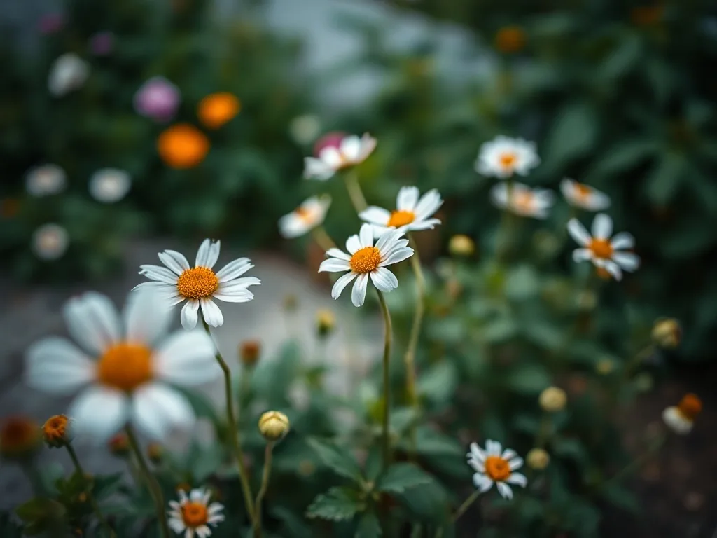 Massif de fleurs de saison avec tulipes, tagètes, tournesols et tanaisie en pleine floraison