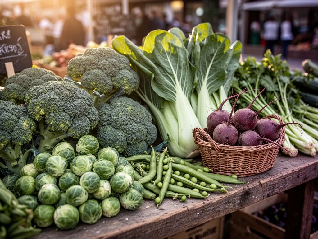 A rustic market table piled with fresh green b-vegetables: broccoli florets, Brussels sprouts, bok choy, broad beans, an
