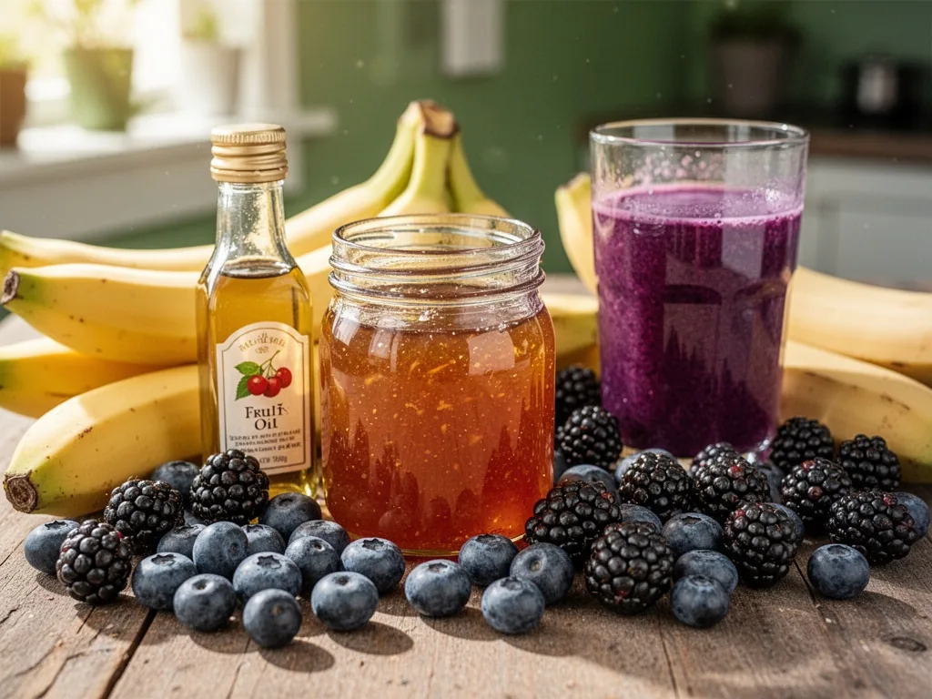 Bananas, blueberries, and blackberries surrounding a glass jar of amber jam, a small bottle of fruit oil, and a glass of