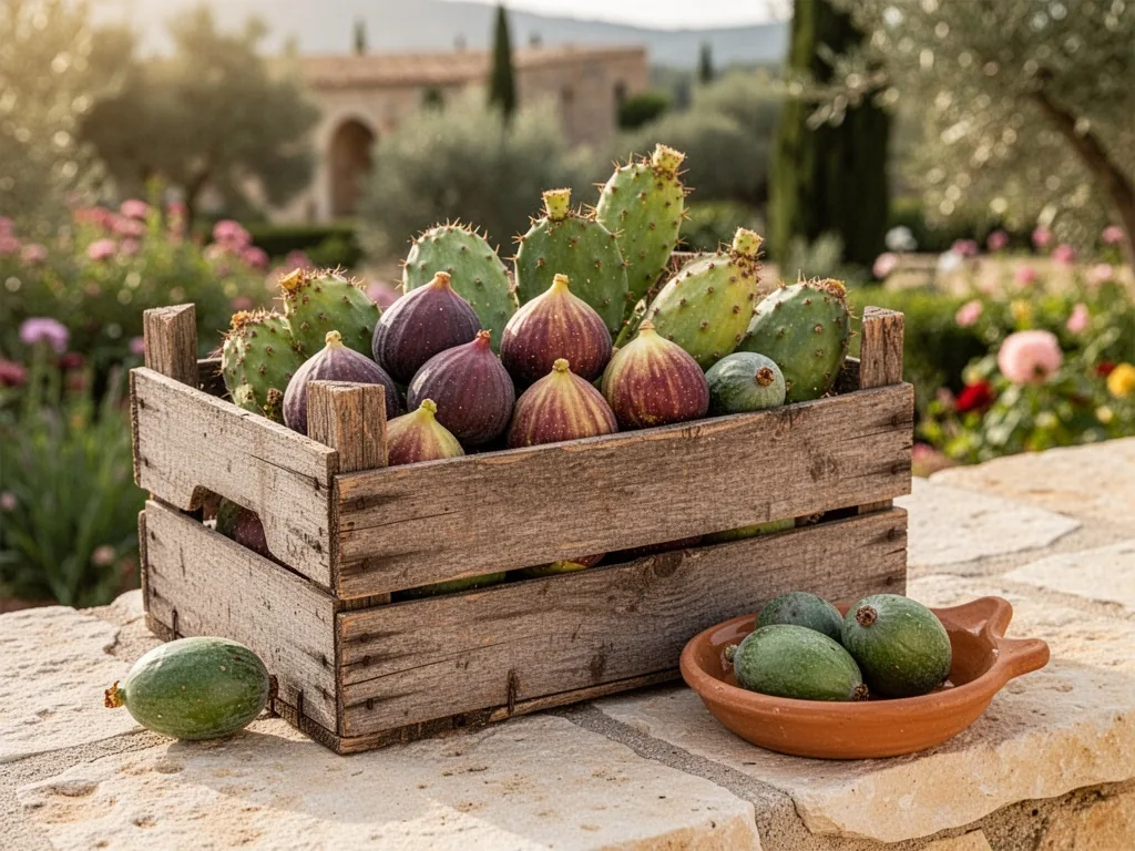 A weathered wooden crate overflowing with ripe fresh figs, prickly pears, and feijoas, arranged on sun-warmed pale stone