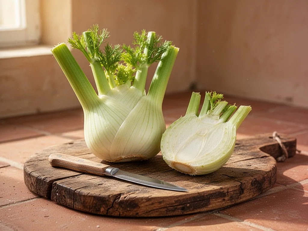 A whole fennel bulb with green fronds and a cut half, lying on a rustic wooden board beside a small paring knife, pale m