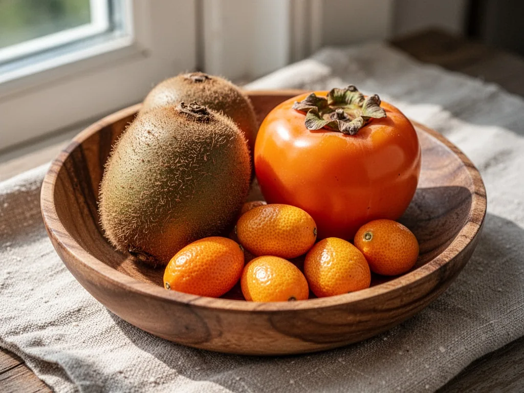 A wooden bowl with three whole fruits: a fuzzy brown kiwi, a bright orange kaki persimmon, and small oval kumquats, arra