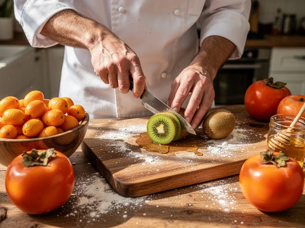 A chef's hands slicing a kiwi on a wooden cutting board beside a bowl of kumquats and persimmons, scattered flour and ho