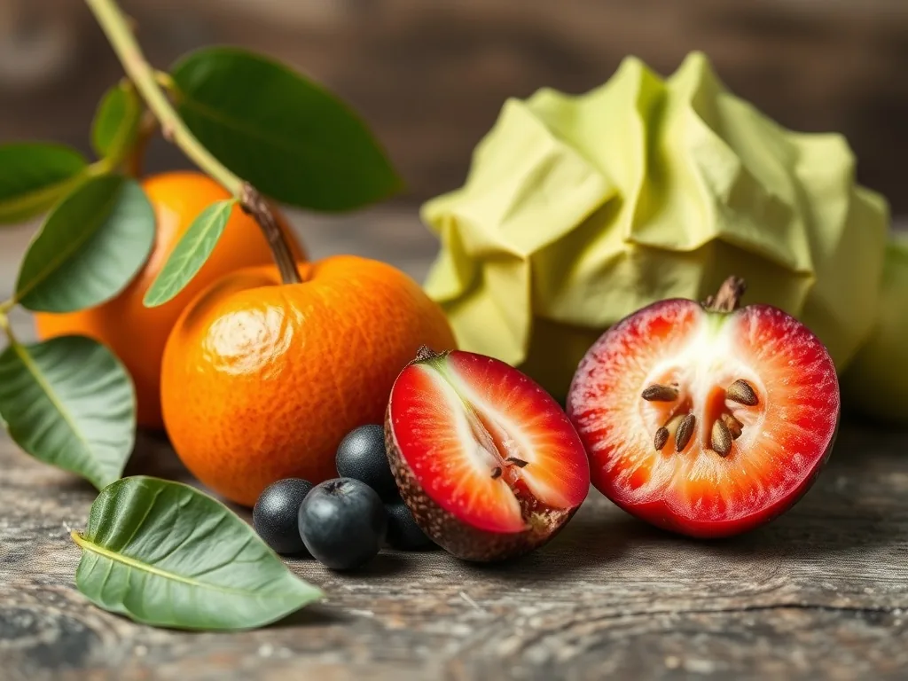 Kiwi vert et kiwano orange coupés sur une planche en bois