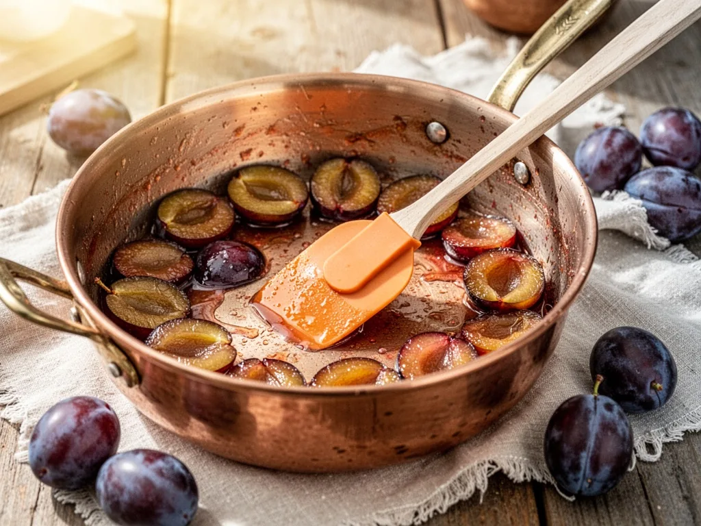 A close view of a copper jam pan with quetsche halves releasing juice, a silicone spatula scraping the bottom, a few who