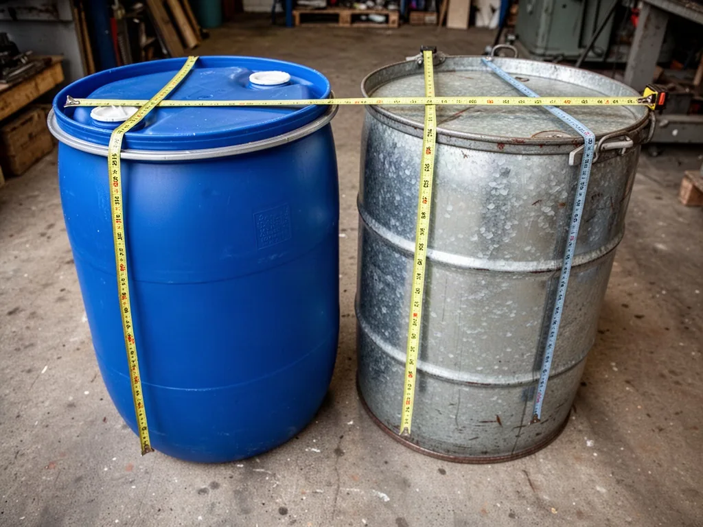 A blue plastic barrel and a galvanized steel barrel standing side by side on a concrete workshop floor, each with a meas