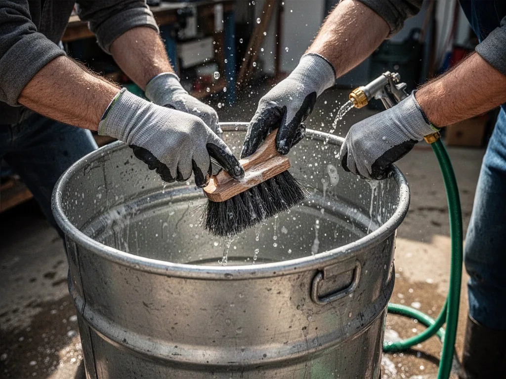 Two gloved hands scrubbing the inside of a metal barrel with a stiff-bristled brush, water droplets flying, a garden hos