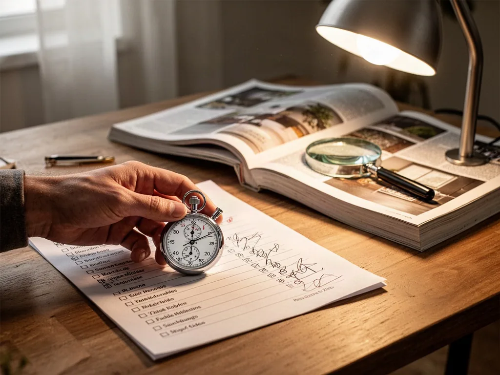 Close-up of a hand pressing a stopwatch over a printed checklist, a magnifying glass on a thick magazine, bright desk la