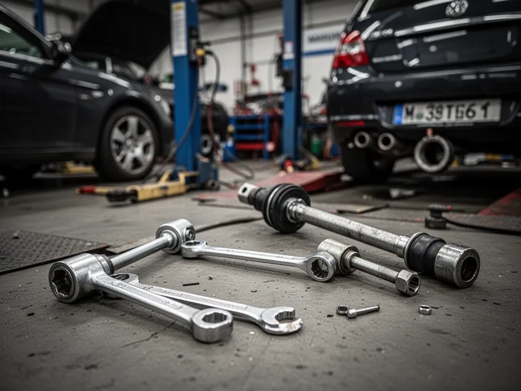 Un véhicule utilitaire diesel sur un pont d’atelier, avec outils de diagnostic et compartiment moteur ouvert, dans un garage de ferme