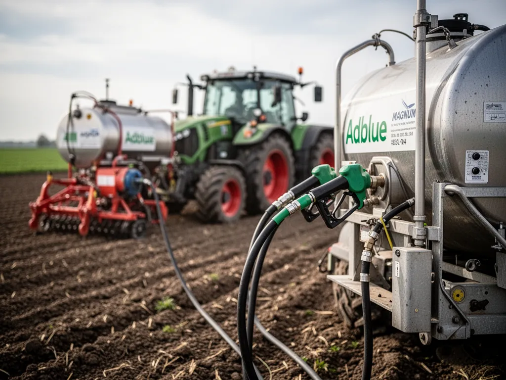 Cuve AdBlue sur une exploitation agricole avec tracteur en arrière-plan