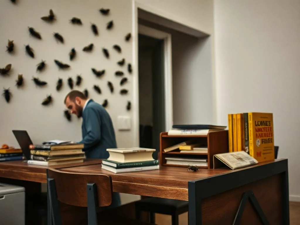 Hôtel à insectes en bois posé au cœur d’un massif fleuri, avec des tiges creuses et des briques