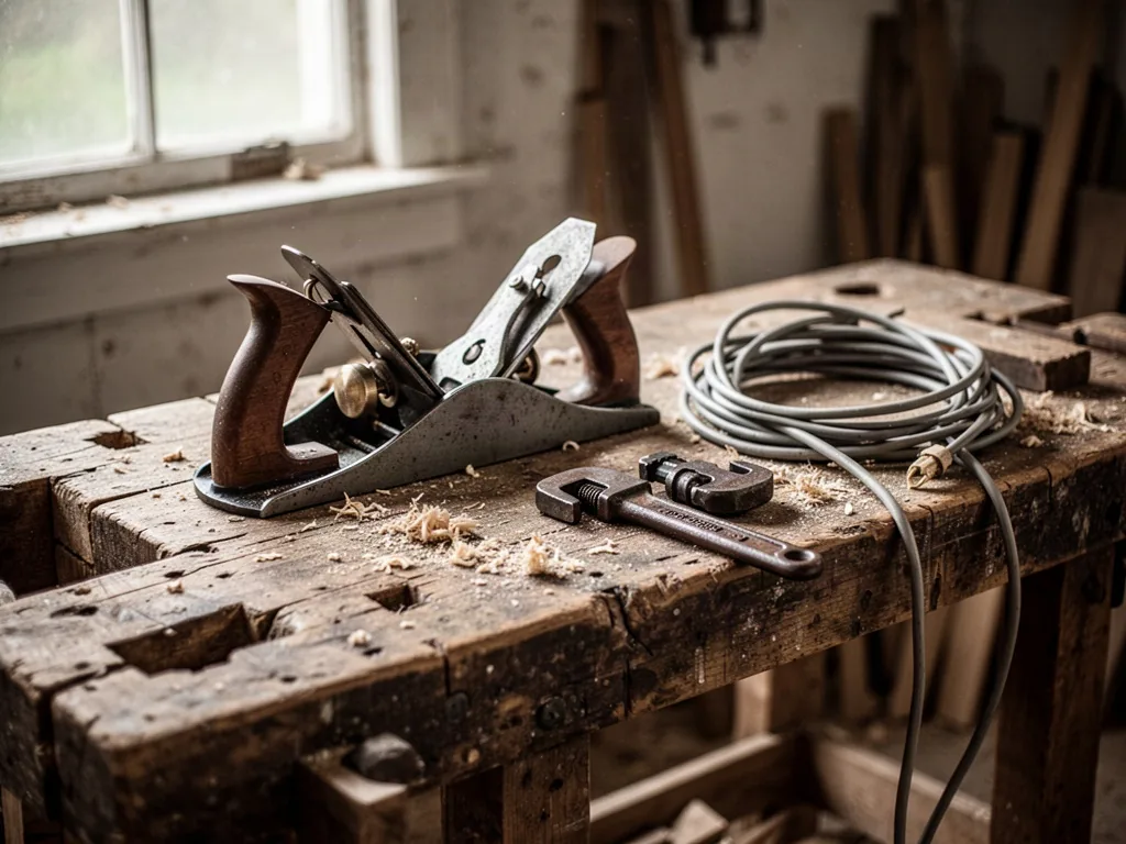 A weathered wooden workbench holding a hand plane, a pipe wrench, and coiled electrical wire, sawdust scattered around, 