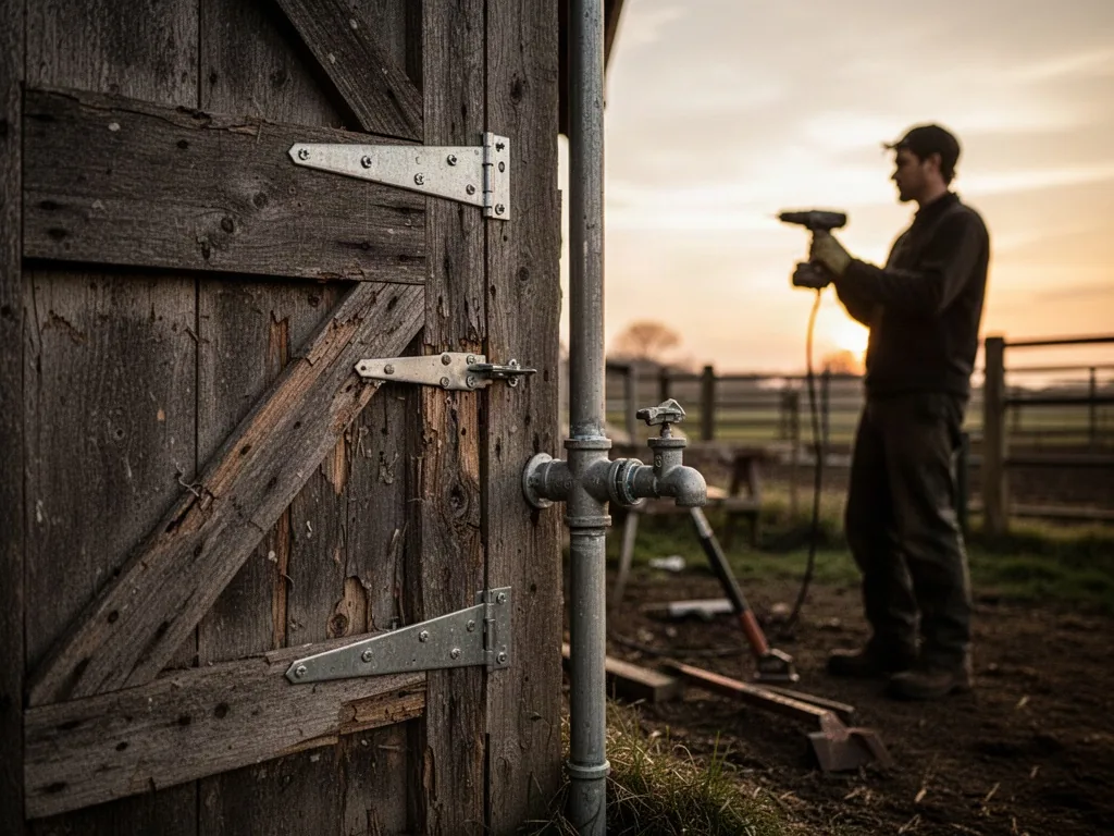 A repaired barn door with fresh hinges beside a newly fitted water pipe, a silhouette of a person holding a drill, golde