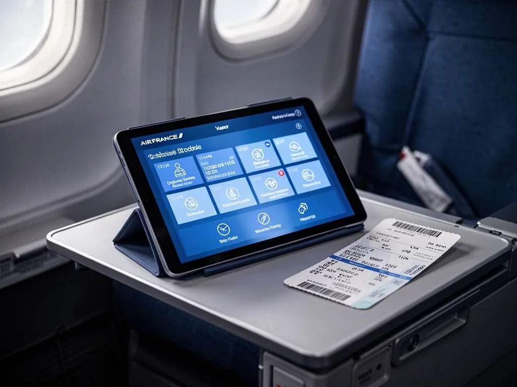 An Air France crew tablet lying on a cabin crew seat tray, glowing blue portal dashboard with schedule and roster icons,
