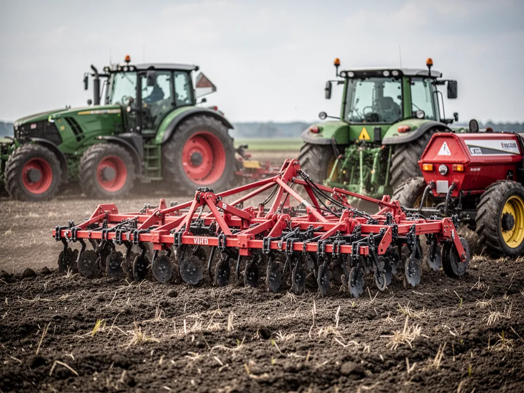 Tracteur approvisionné depuis une cuve de ferme, toiles et tuyaux visibles