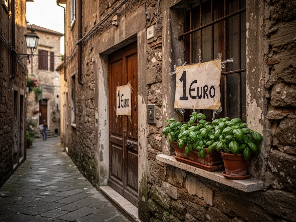 An old Italian stone house with a faded '1 Euro' sign taped to its wooden door, narrow cobblestone alley, potted basil o