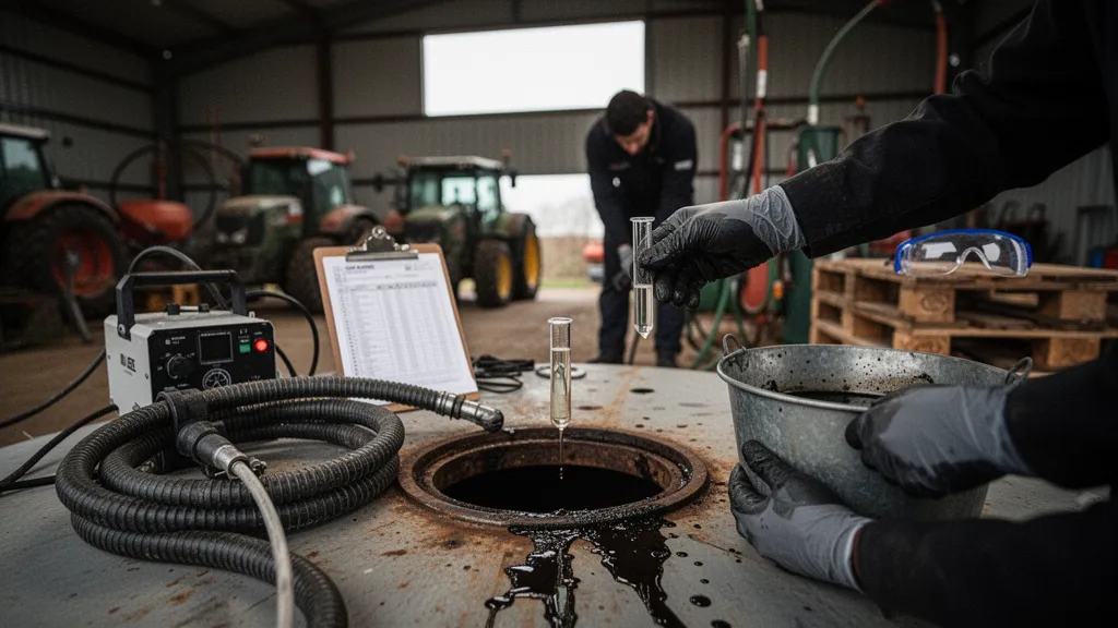 Technicien inspectant l'intérieur d'une cuve à fuel hors sol avec une lampe