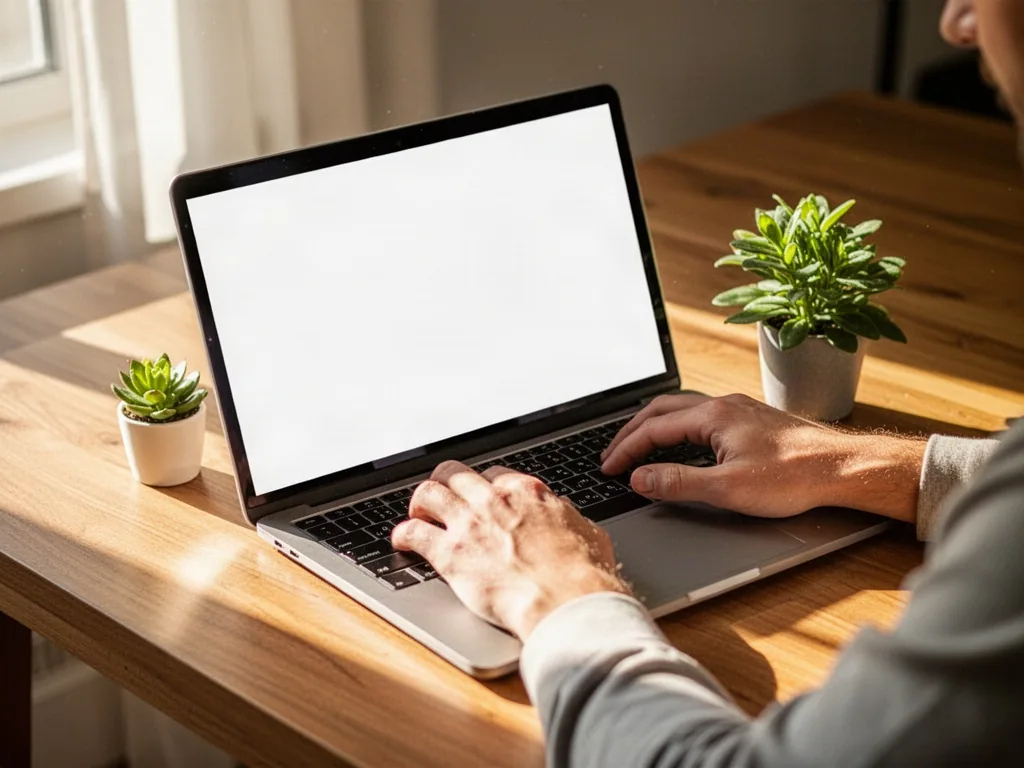 A person's hands typing on a silver laptop with a blank white screen, a small green plant nearby, morning sunlight strea