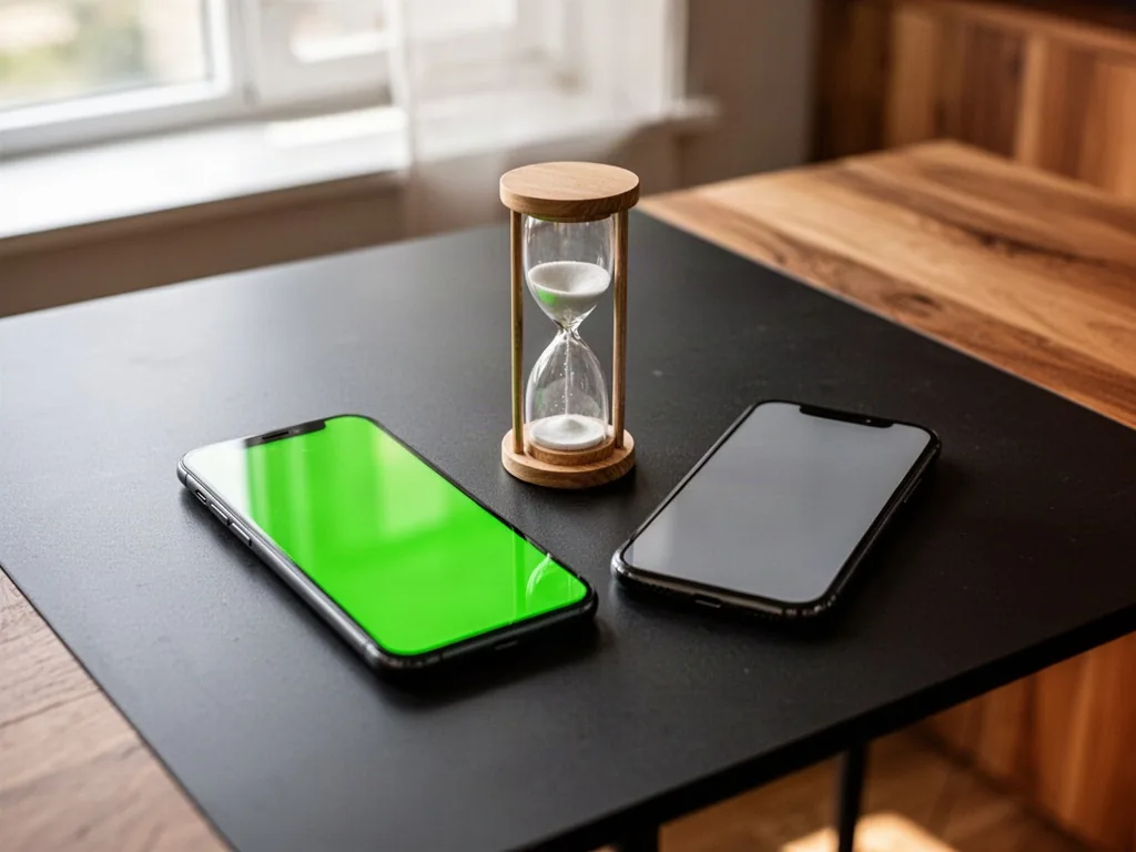 Two smartphones lying side by side on a dark table, one screen glowing bright green, the other dim grey, an hourglass be