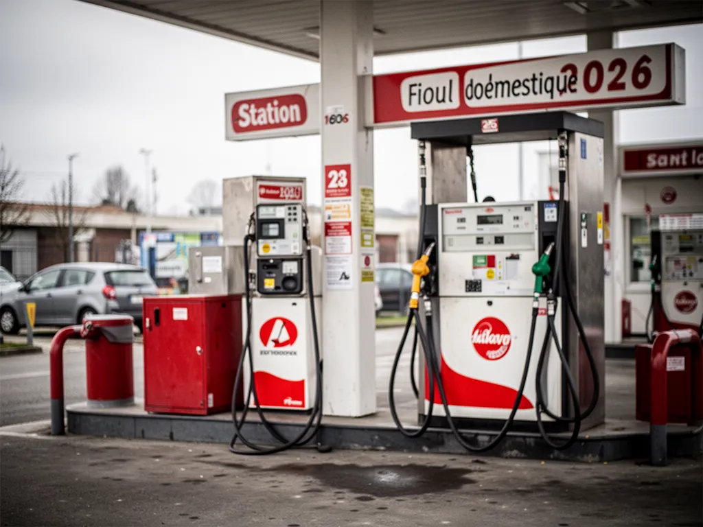 Pompe à fioul domestique dans une station-service rurale, à côté d'un pistolet gazole classique