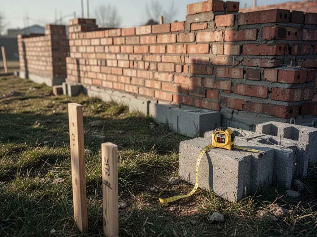 A half-built brick wall on a grassy lot, a yellow measuring tape curled on cinder blocks, a wooden survey stake in foreg