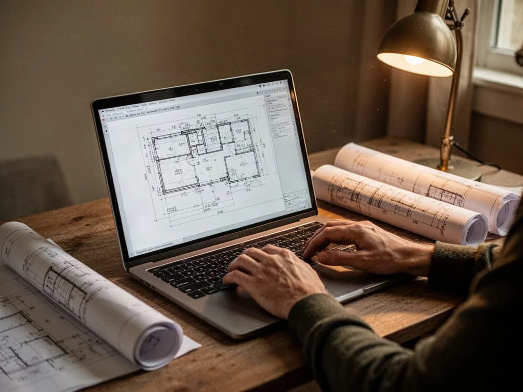 A laptop on a desk displaying an architectural blueprint on its screen, hands typing at the keyboard, rolled paper plans