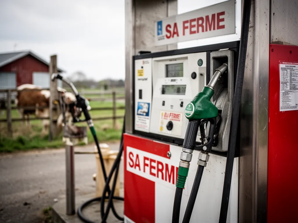 Pompe à carburant utilisée dans un contexte agricole avec un tracteur.