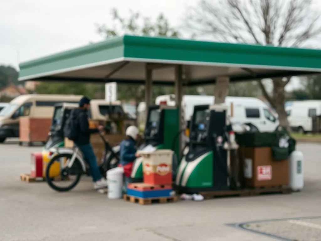 Panneau de prix de carburant dans une station-service de l'Aude, avec Narbonne en arrière-plan