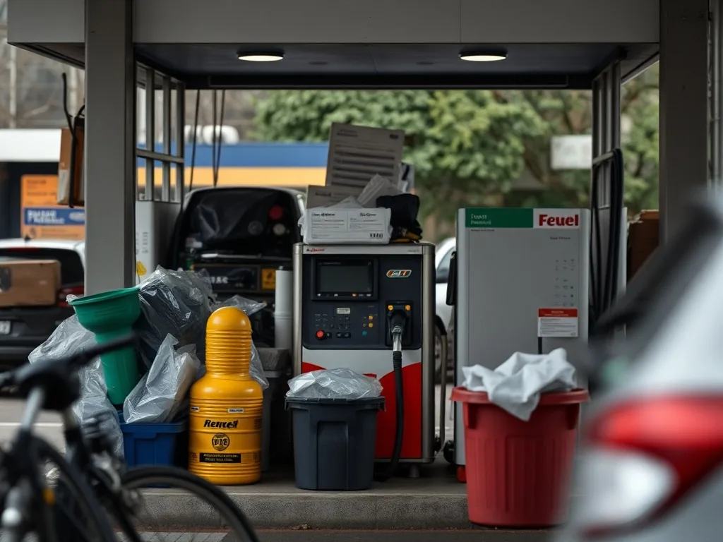 Pistolet de carburant inséré dans une voiture, avec en arrière-plan les bâtiments de Rennes et un affichage numérique des prix.