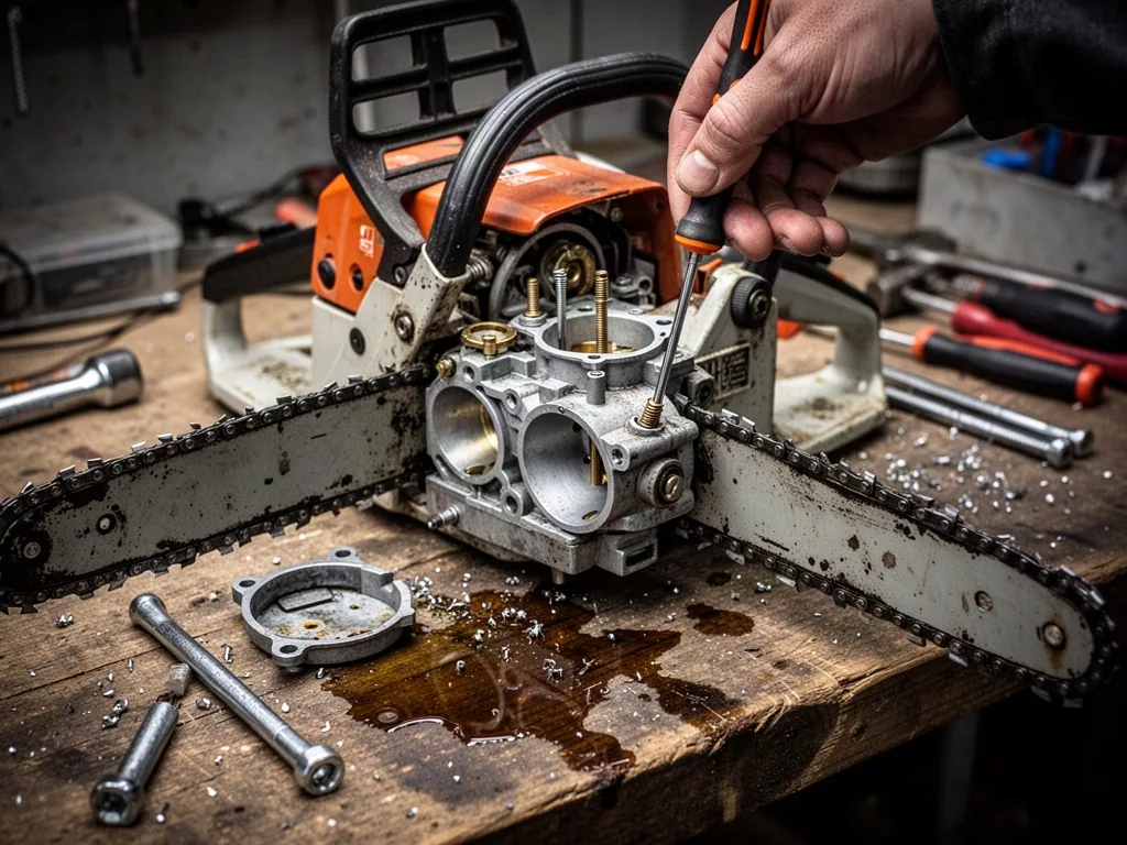 A stalled chainsaw with its carburetor cover removed, a hand turning the high-speed screw with a screwdriver, on a woode