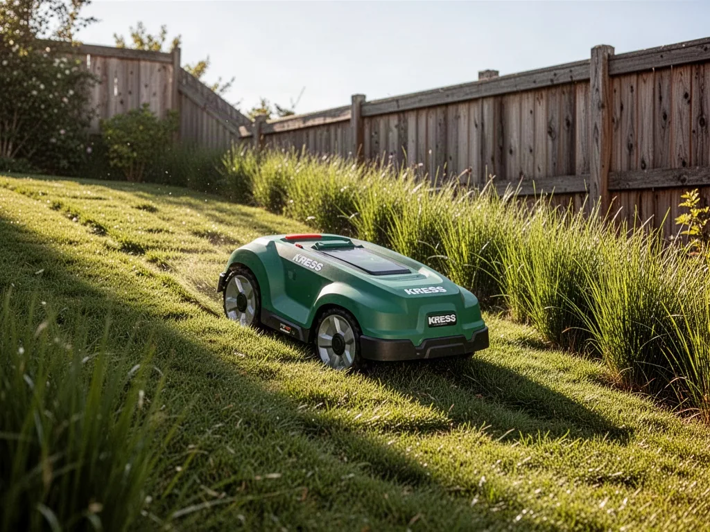 A green Kress robotic mower climbing a bumpy sloping lawn with tall grass along the border and a wooden fence behind, br