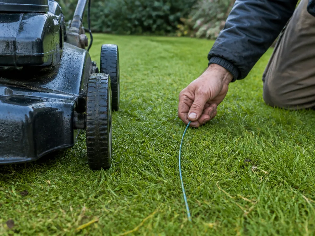 Photorealistic editorial photograph of a landscaper's hand pulling a boundary wire from damp grass beside a mower deck, 